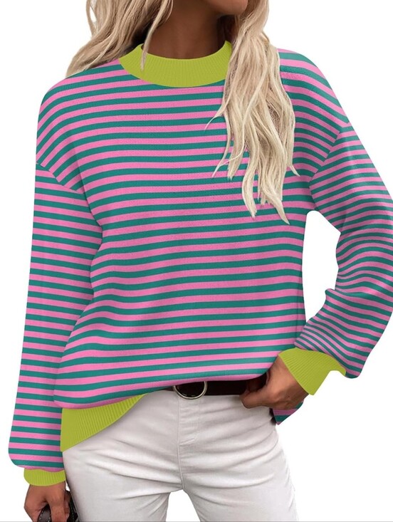 zeagoo Sweaters - Womens Zeagoo Medium Colorblock Ribbed Crewneck Sweater in Yellow, Teal & Pink